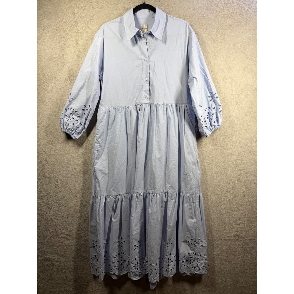 Maeve Eyelet Tiered Midi Shirtdress Womens Size M Pale Blue Cotton Boho Coastal